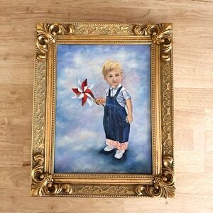 Vintage Framed Oil Painting Little Boy Blue Pinwheel Signed Gail F 9x12